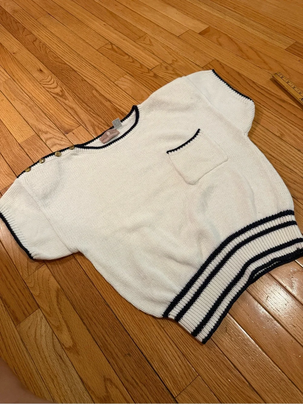 White Short Sleeve Knit Top with Navy Trim Gold Button Detail yacht club coastal - Picture 7 of 7